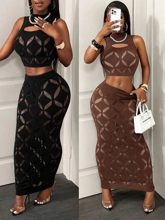 Dam 2-delat Sexy Set 2026 – Mesh Crop Top & Bodycon Minikjol Hög Midja Clubwear, One Size