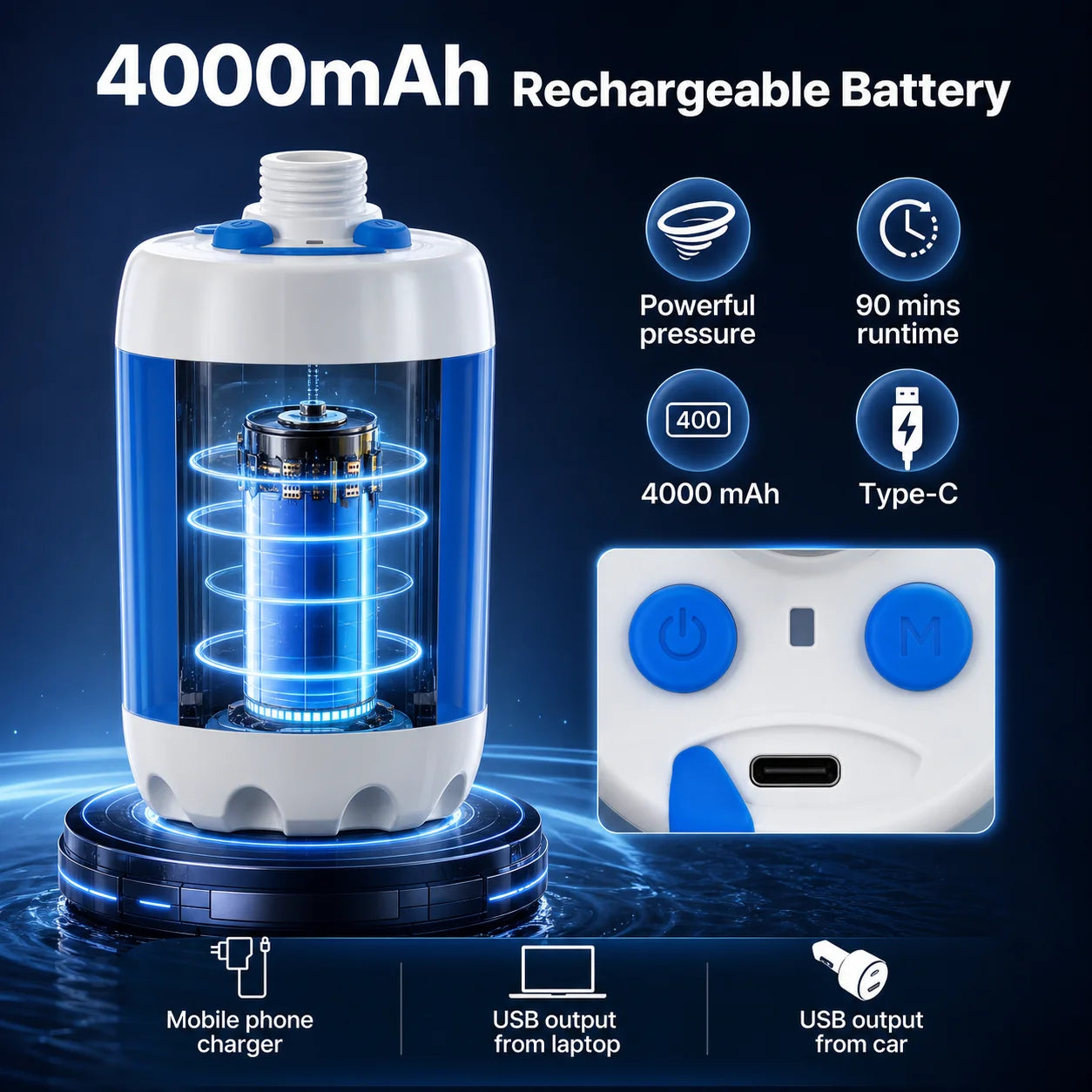 Portabel Campingdusch – Elektrisk Pump 4000mAh, Digital Display, Slang & Krok, Blå