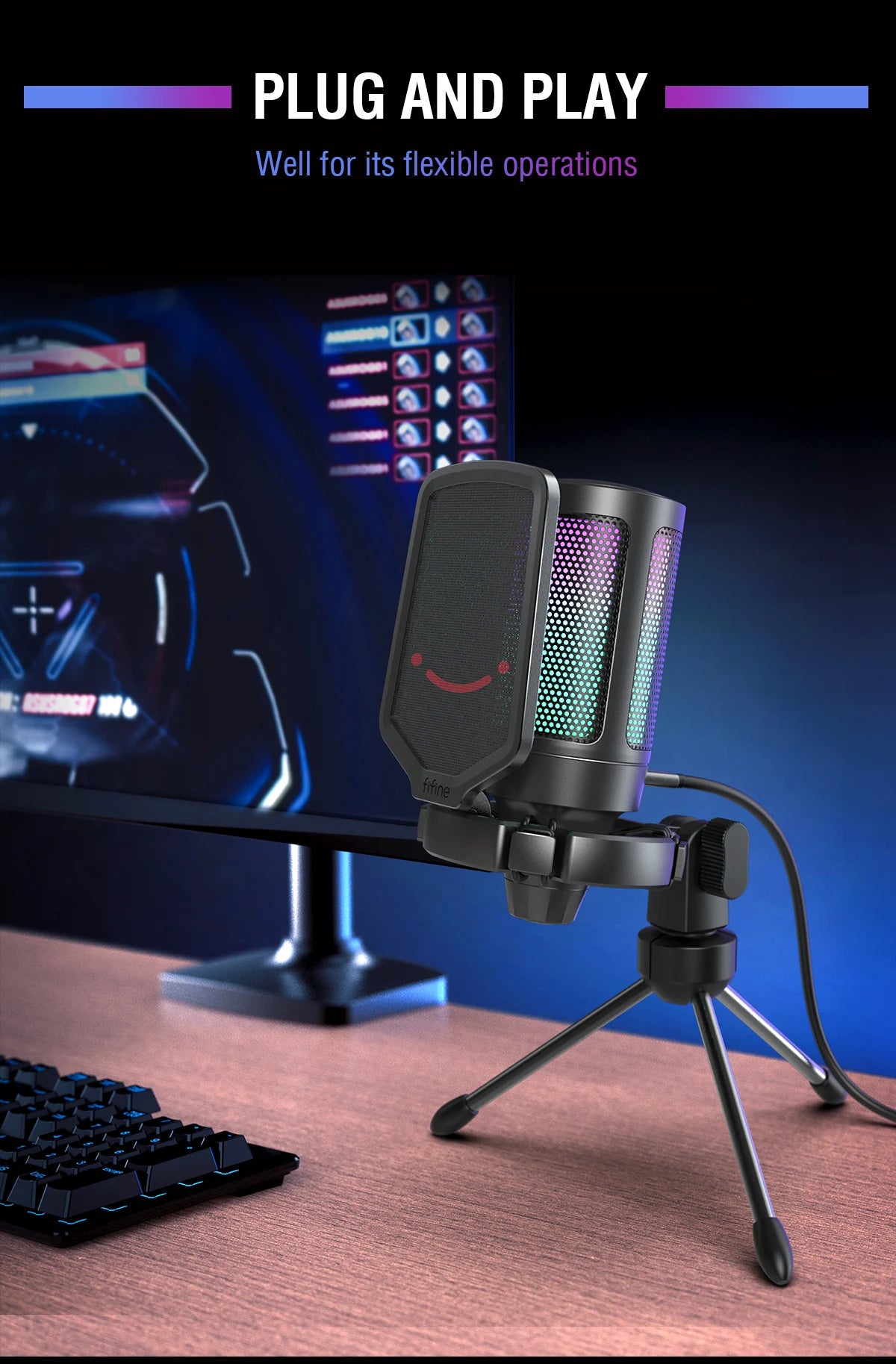 FIFINE USB Gaming Microphone,Condenser MIC with RGB,for PC PS4 PS5 MAC,Suit for Podcasters/Gamers/Influencers/Home Studio