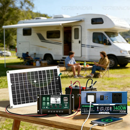 Off-Grid Solar Kit 50W Panel 60A  Controller Dual Voltage Inverter (Peak 1400W Rated 700W) 12/24V To 110V 220V Small Appliances