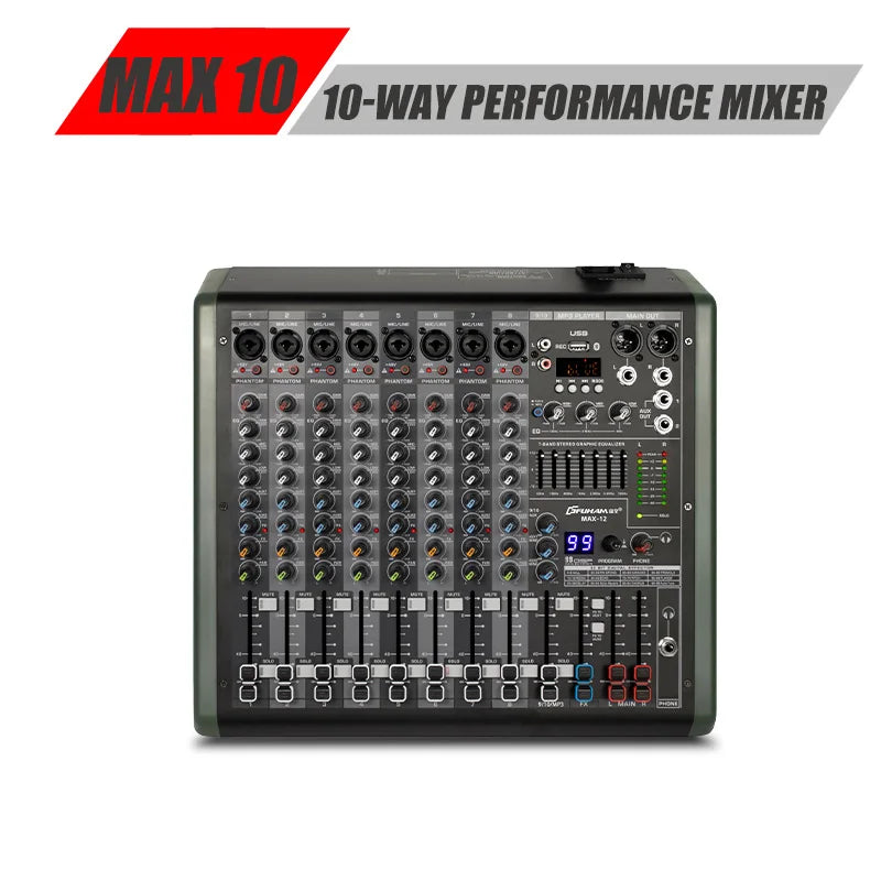 FUHAM MAX-seriens ljudmixer med mikrofon- och hörlursutgång