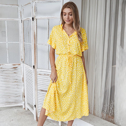 Vintage Blommig Boho Skjortklänning – Kortärmad, Lång, Nedvikt Krage, Skärp, 6 Färger, S–XL