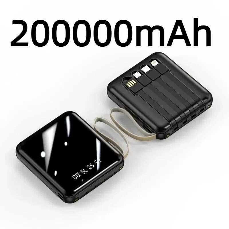VIVO Mini Powerbank med 4 Inbyggda Kablar – Snabbladdning LED-display Dual USB Svart Vit Röd 50000/100000/200000mAh