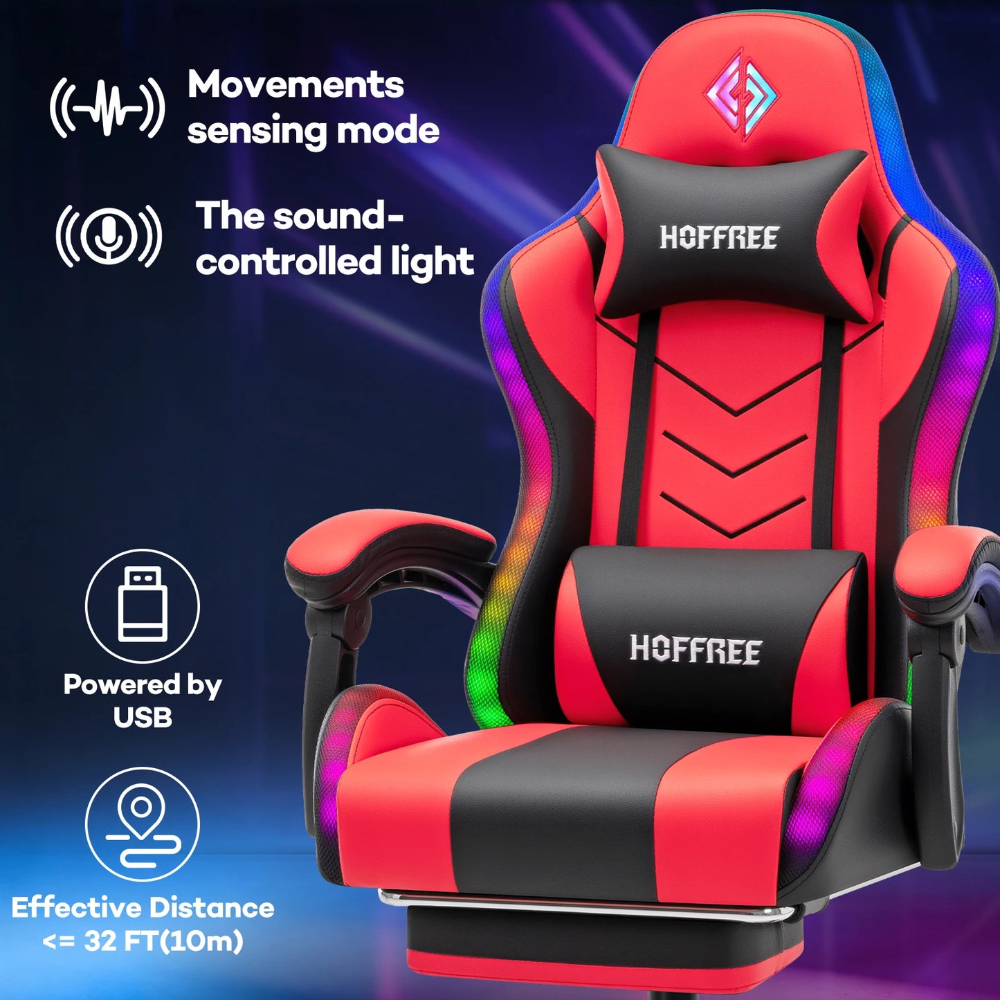 300lbs Gaming Chair with Music Rhythm RGB LED Lights and Wireless Speakers Ergonomic Massage Computer Gaming Chair with Footrest