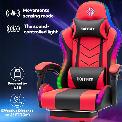 300lbs Gaming Chair with Music Rhythm RGB LED Lights and Wireless Speakers Ergonomic Massage Computer Gaming Chair with Footrest