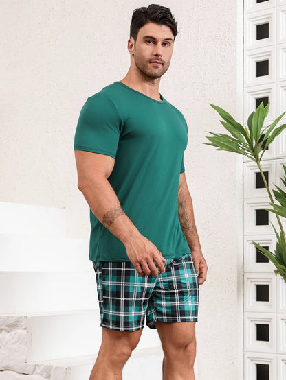 Herr Pyjamas Set Rutig – Kortärmad Topp & Shorts Hudvänlig Avslappnad, 11 Färger S–4XL