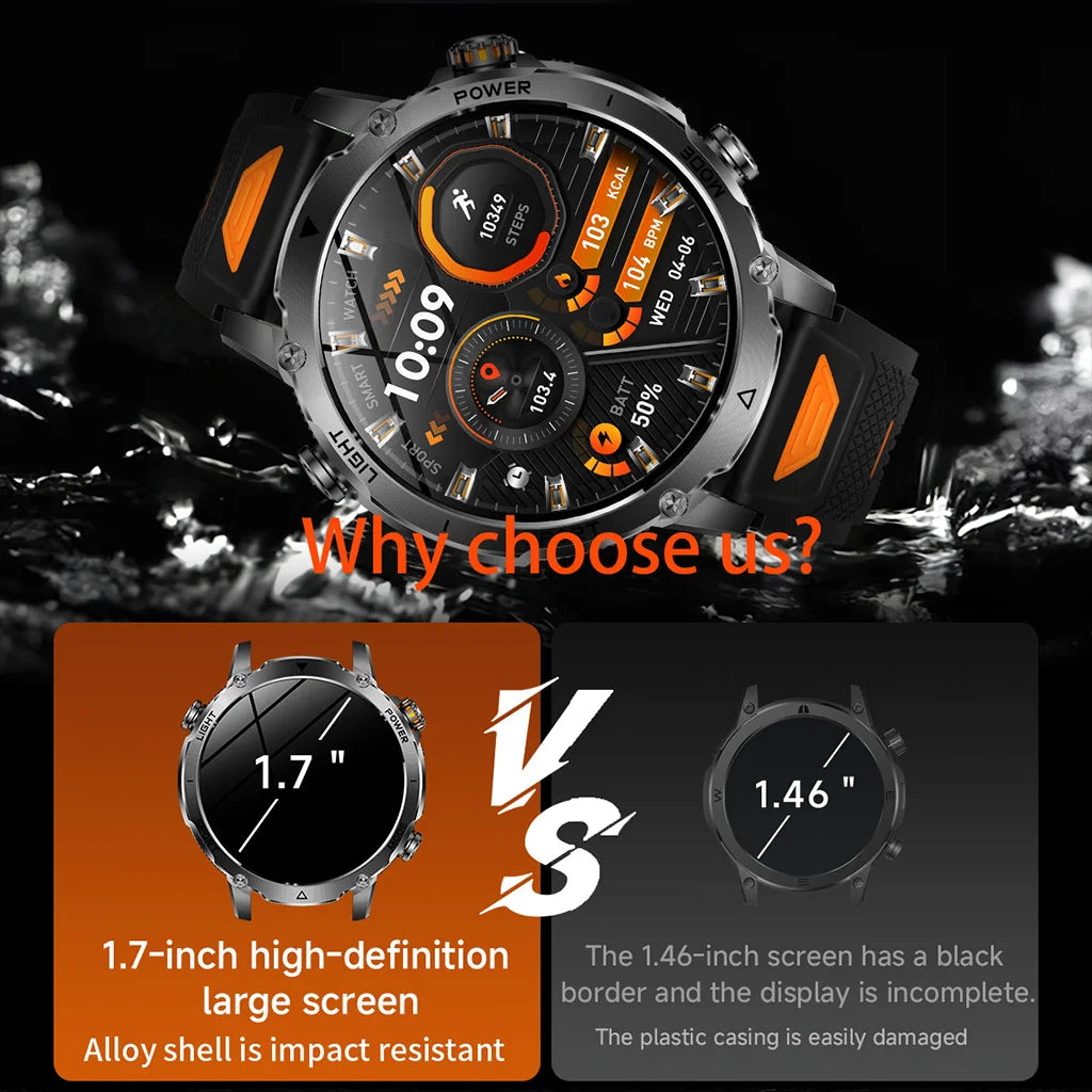 New 1400 mAh Battery Military Smartwatch Men IP68 Waterproof Flashlight Health Monitor Sports Call Smart Watch For iOS Android