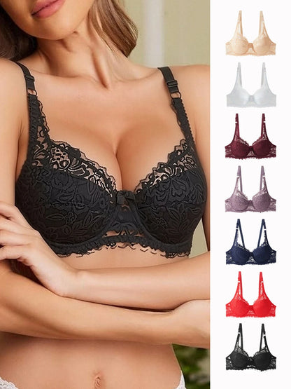 Sexy Push Up Lace Bras Women Thin Cotton Lined Underwire 38-44 C/D Cup Breathable Bralette Hollow Out Floral Underwear Plus Size
