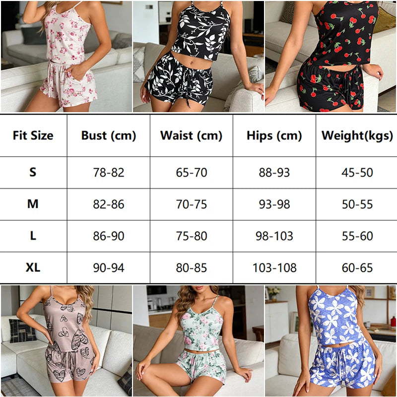 Women's Floral Print Pajama Set Spaghetti Strap V Neck Shorts Sleepwear Summer Breathable Loungewear Multi Print Casual Homewear