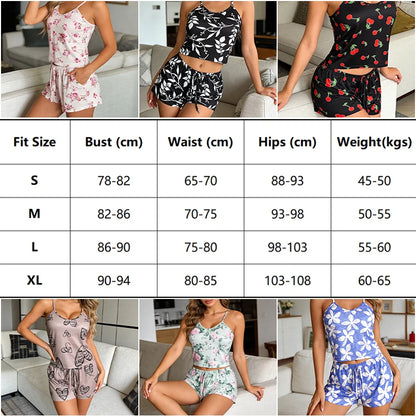 Women's Floral Print Pajama Set Spaghetti Strap V Neck Shorts Sleepwear Summer Breathable Loungewear Multi Print Casual Homewear