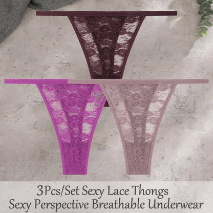 3Pcs/Set Sexy Lace Floral Panties For Women Solid Color Transparent Underwear Female Lace Perspective Hollow Out G-string Thongs
