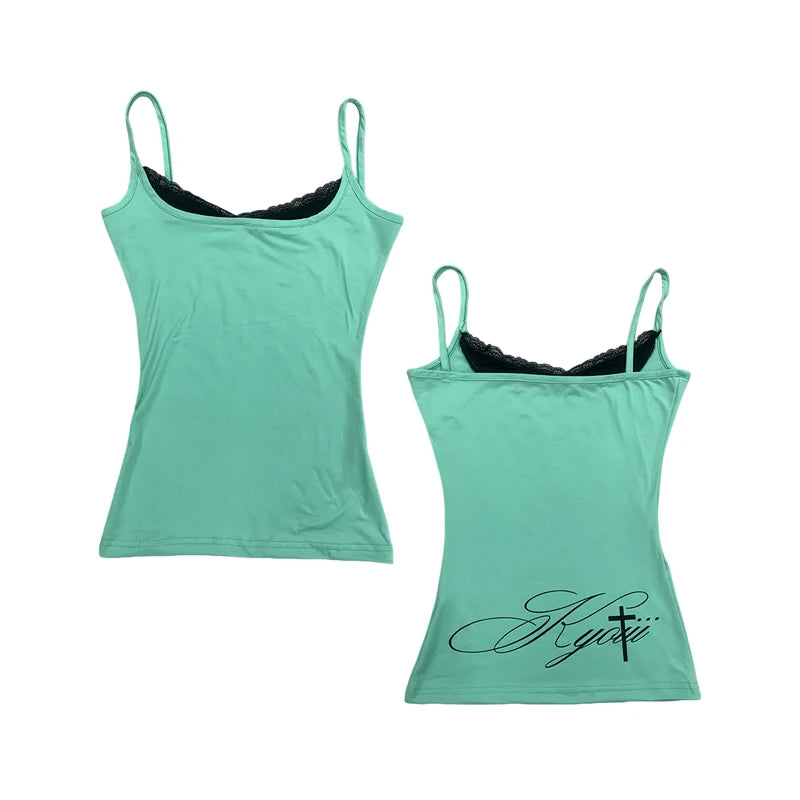 Dam Y2K Spets Camisole – Cinched Waist Ärmlös Sexig Sommar Festival, Grön S–L