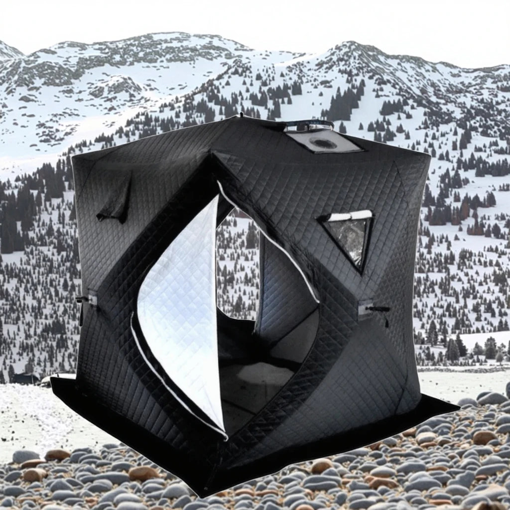 High Quality Snow-Resistant Cube Shape Pop-Up Sauna Tent for Ice Fishing Waterproof Automatic Portable Oxford Material Two Doors
