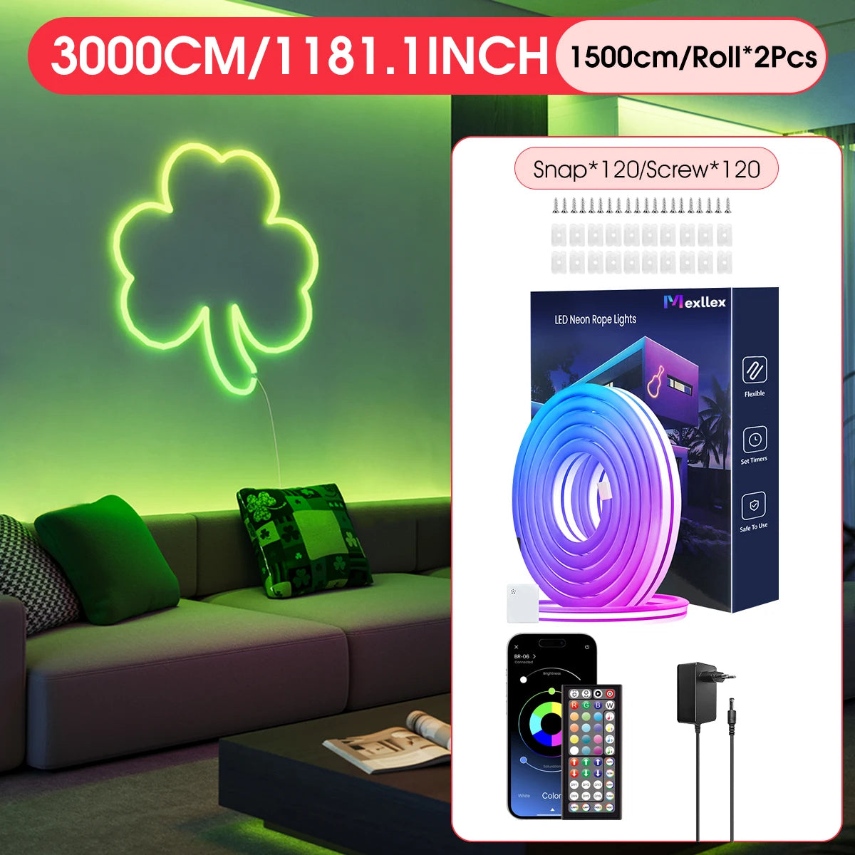 Flexibel LED Neon-slinga – RGB, IP65, App & Fjärr, Musiksynk, 24V, EU-kontakt, 5–30M