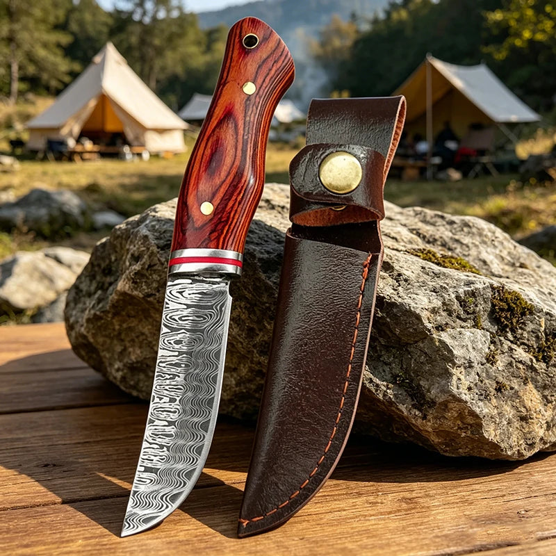 Damascus Pattern Outdoor Utility Knife Survival & Camping Knife Fishing BBQ Cutting Tools