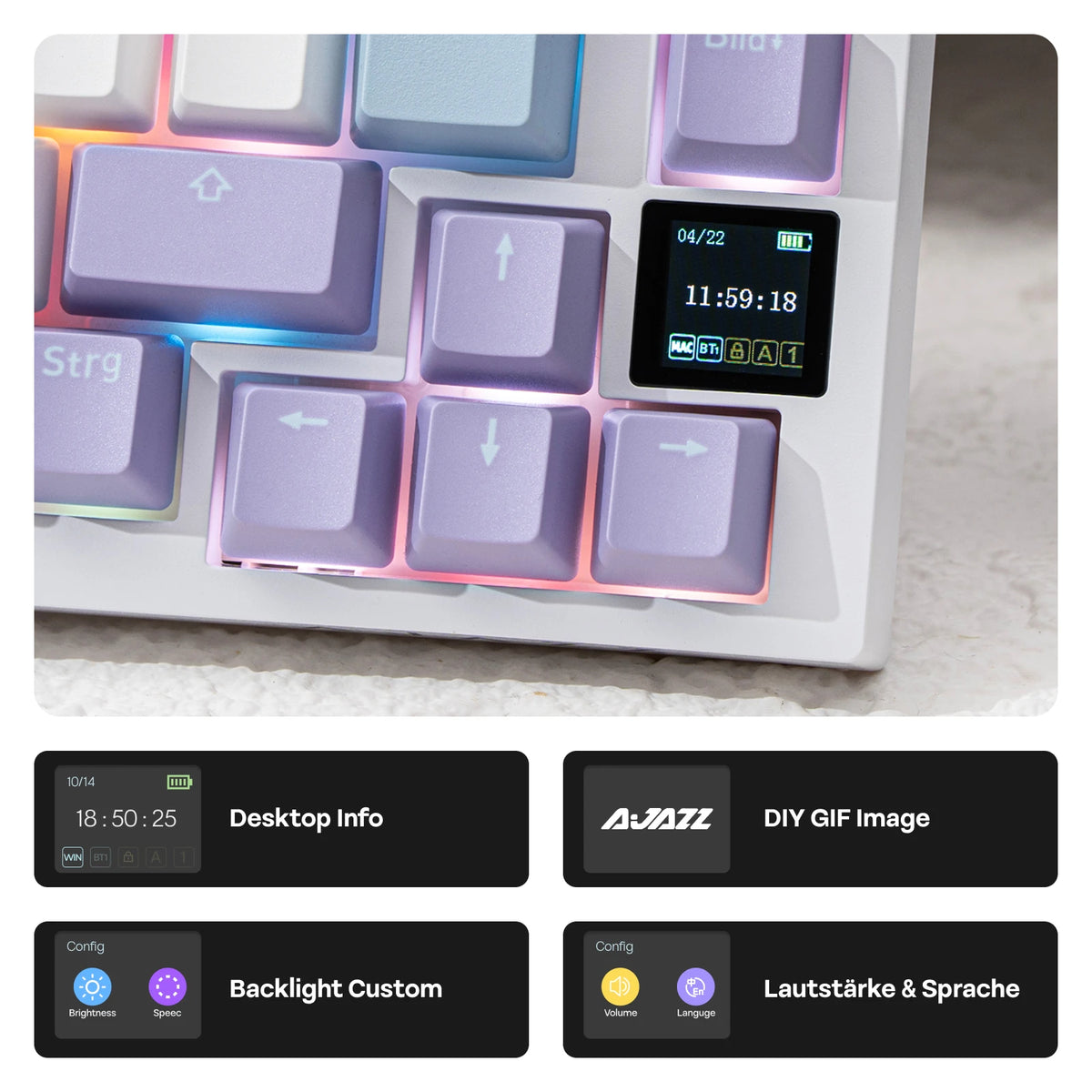 AJAZZ AK820 PRO mekaniskt tangentbord – tysk ISO-DE, RGB och TFT-skärm