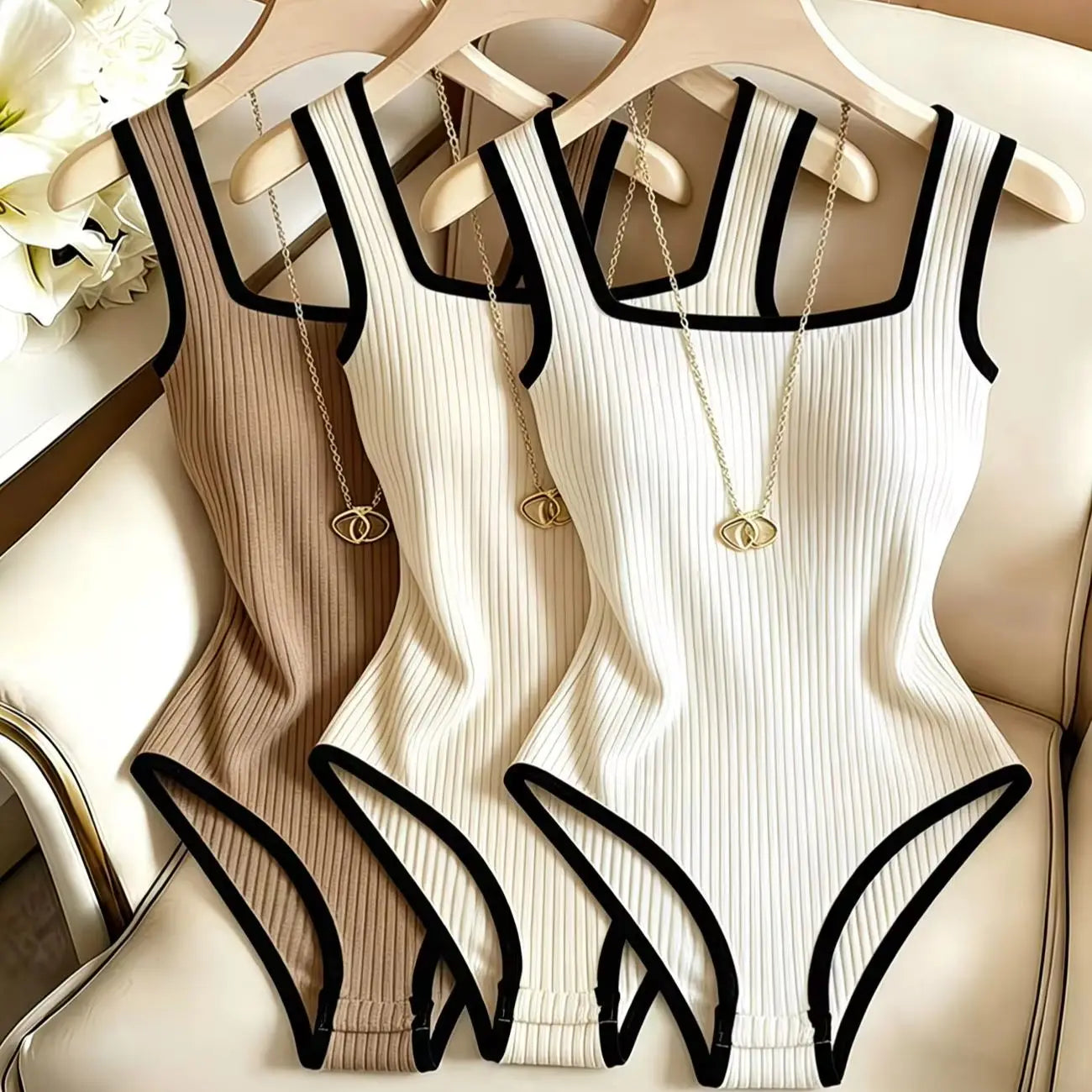 Dam 3-delat Ribbat Bodysuit-set – Fyrkantig Urringning Midjebetonande Backless Strand Nattliv Elegant, 4 Färger XS–XL