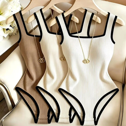 Dam 3-delat Ribbat Bodysuit-set – Fyrkantig Urringning Midjebetonande Backless Strand Nattliv Elegant, 4 Färger XS–XL