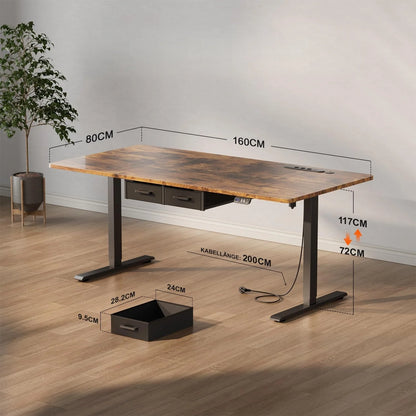 120/140/160/180cm Electric Height Adjustable Desk, Heavy-Duty Large Sit-Stand Table, Gaming Desk with Power Outlet & Drawer