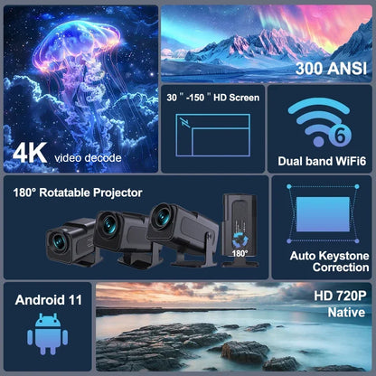 HY320 Mini Video Projector Native 720P Android 11 Projectors 300ANSI Wifi6 Cinema Outdoor Portable 180° Rotable BT5.0 4K Movie
