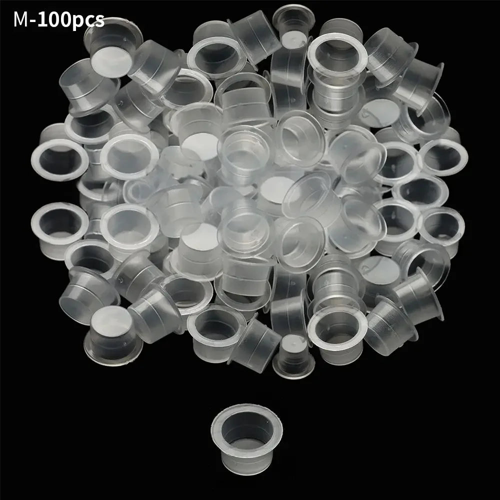 100Pcs Tattoo Ink Caps Disposable Plastic Cups Body Art Tattoo Pigment Cups Container Holder Stand Makeup Tattoo Supplies L/M/S