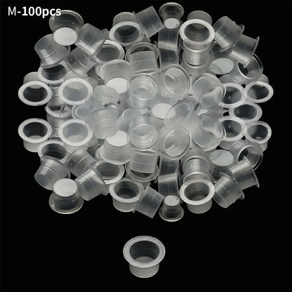 100Pcs Tattoo Ink Caps Disposable Plastic Cups Body Art Tattoo Pigment Cups Container Holder Stand Makeup Tattoo Supplies L/M/S