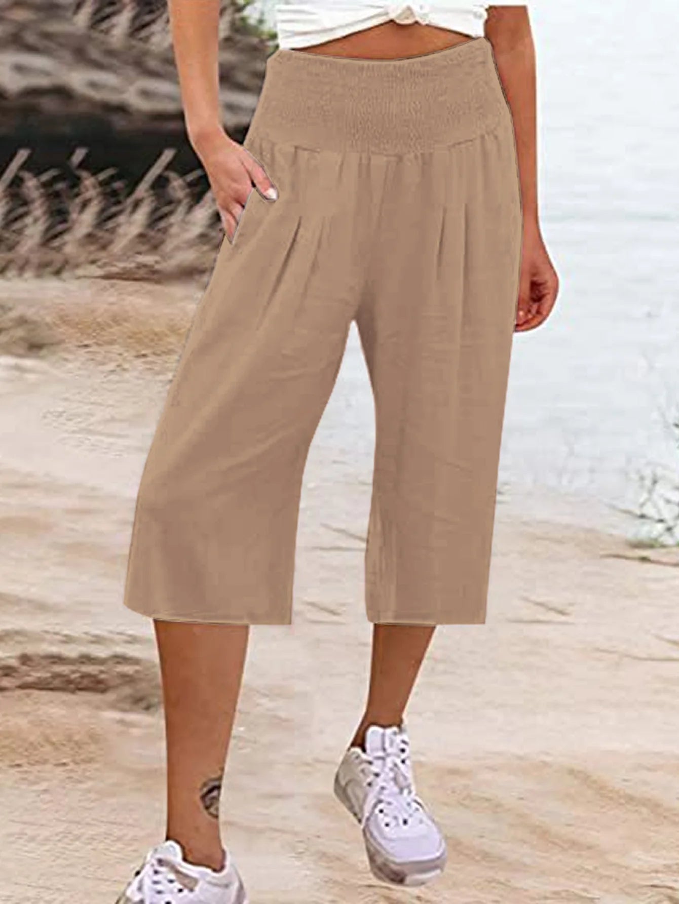 Summer 2024 Amazon Eurn women's cross-border cotton hemp seven waist pocket pocket pocket pocket wide leg pants woman