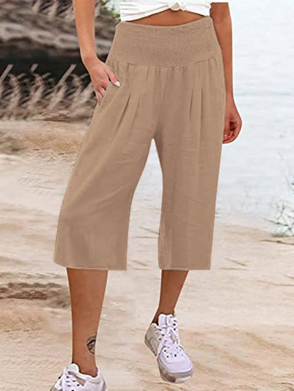 Summer 2024 Amazon Eurn women's cross-border cotton hemp seven waist pocket pocket pocket pocket wide leg pants woman