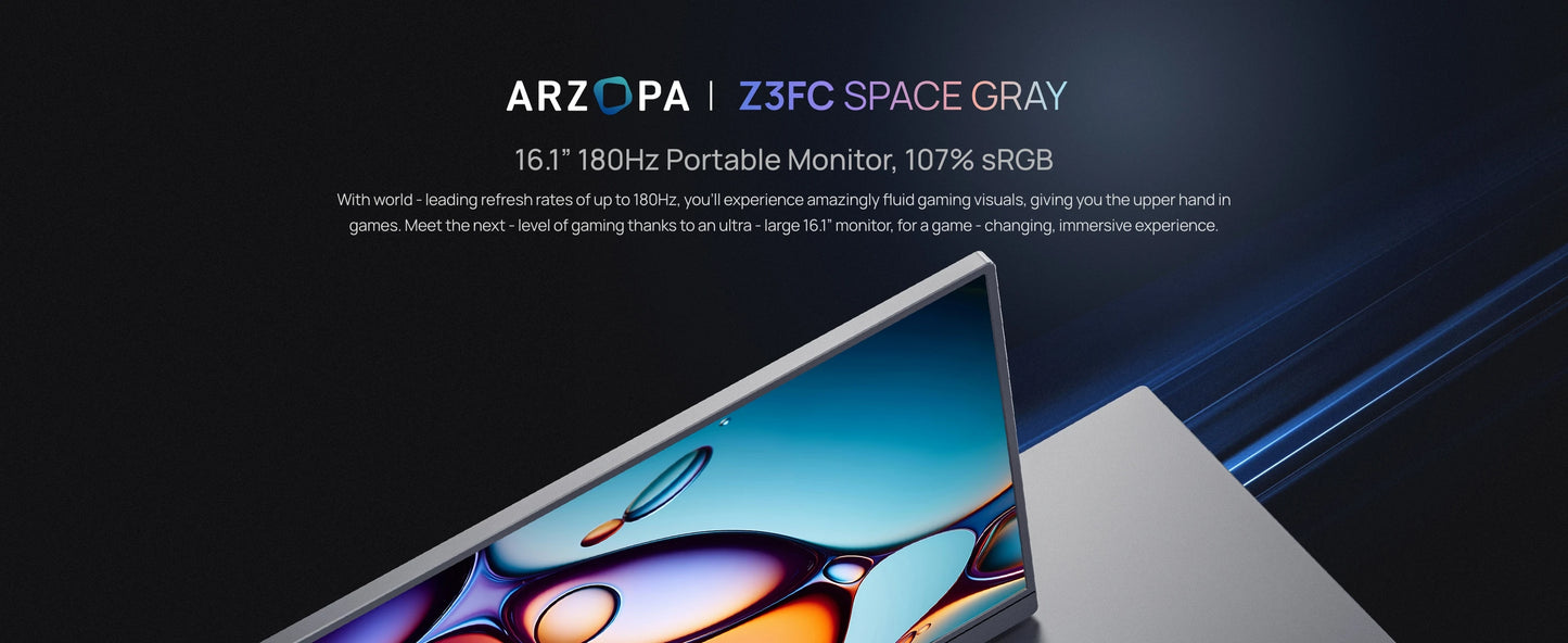 ARZOPA Z3FC Portabel Skärm 16,1" 180Hz 2,5K QHD – IPS 107% sRGB HDR10 Dubbla Högtalare Aluminium USB-C HDMI