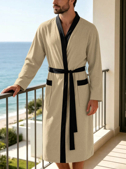 Men's Bathrobe Long Sleeves Kimono Style Spa Robe with Belt Pockets Soft Comfortable Sleepwear Loungewear for Home Hotel Use