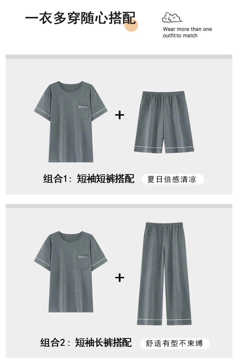 Short Sleeves & Shorts & Long Pant 3Pcs/set Cotton Nightwear for Men Summer Breathable Casual Sleepwear Male Loungewear Hombre