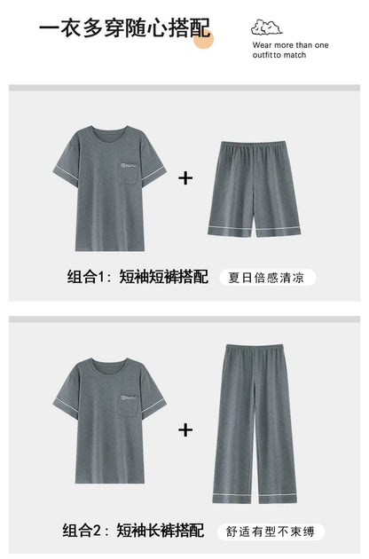 Short Sleeves & Shorts & Long Pant 3Pcs/set Cotton Nightwear for Men Summer Breathable Casual Sleepwear Male Loungewear Hombre