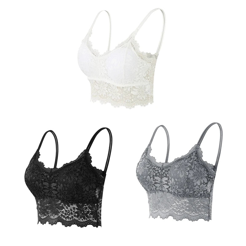 3PCS Women's Lace Bras Top Comfortable Bralette Solid Color Sexy Underwear Vest Female Hollow Out Wireless Lingerie Seamless Bra