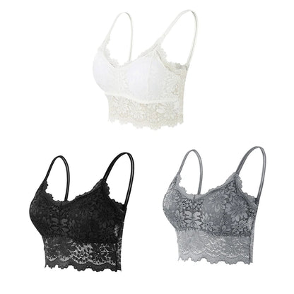 3PCS Women's Lace Bras Top Comfortable Bralette Solid Color Sexy Underwear Vest Female Hollow Out Wireless Lingerie Seamless Bra