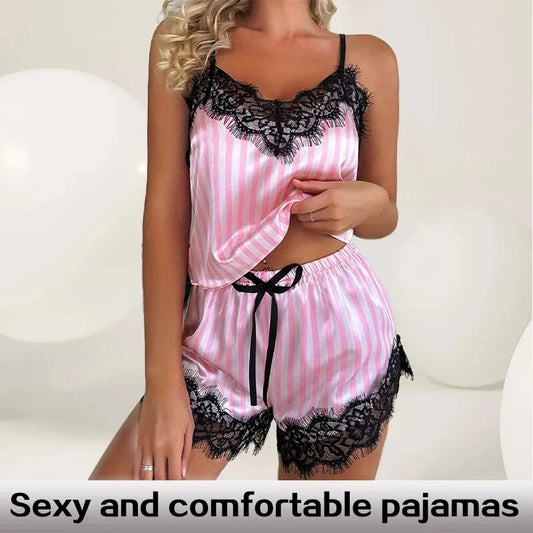 Dam Pyjamas Set – V-ringat Spetslinne & Shorts, Sexigt & Bekämt, Rosa M–L