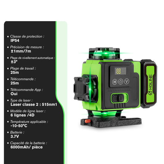 HGLINE Lasernivå 16 Linjer 4D – App- & Bluetooth-styrning, IP54, 25m, 100cm Stativ, Fullt Tillbehörsset