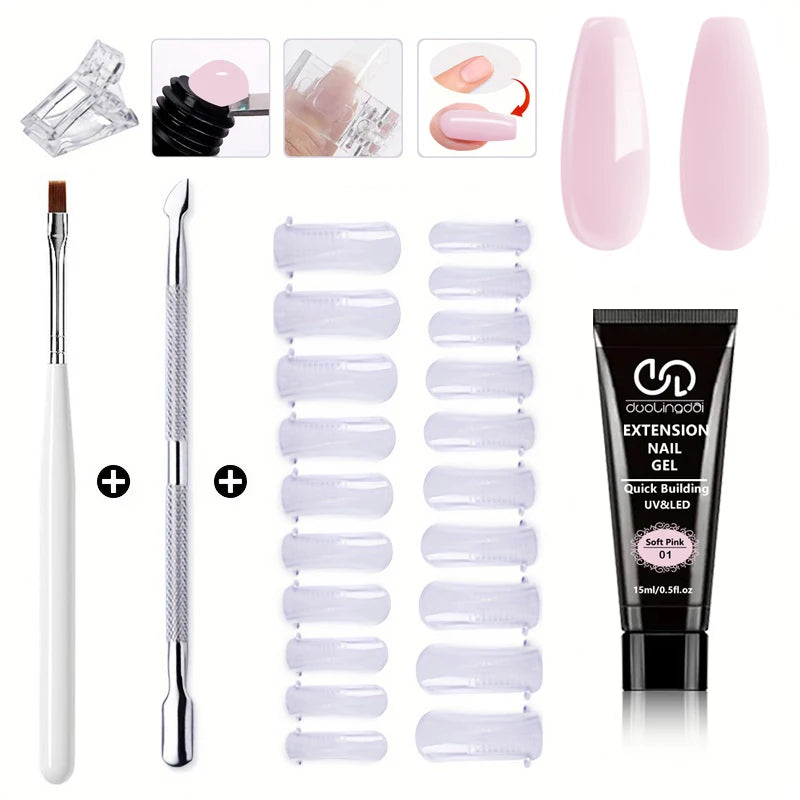 Salon & Home Nail Art Kit - 0.51oz Odorless Quick Build Gel Extension Set with 20 Nail Forms & Tools | Professional UV Sculpting