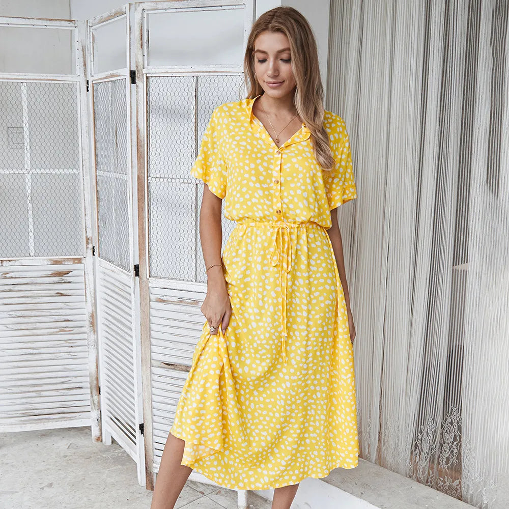 Vintage Blommig Boho Skjortklänning – Kortärmad, Lång, Nedvikt Krage, Skärp, 6 Färger, S–XL