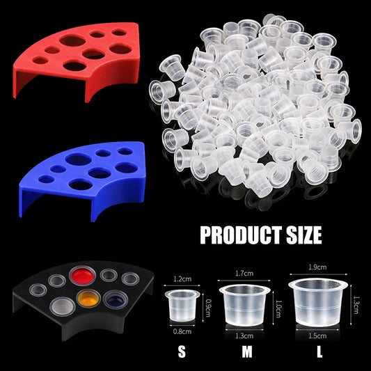 JUN.M Tatueringsbläckkoppar & Hållare Set – 300-pack S M L Plastkopp + 8-Håls Bläckställare Röd Svart Blå Tatuering PMU 2026