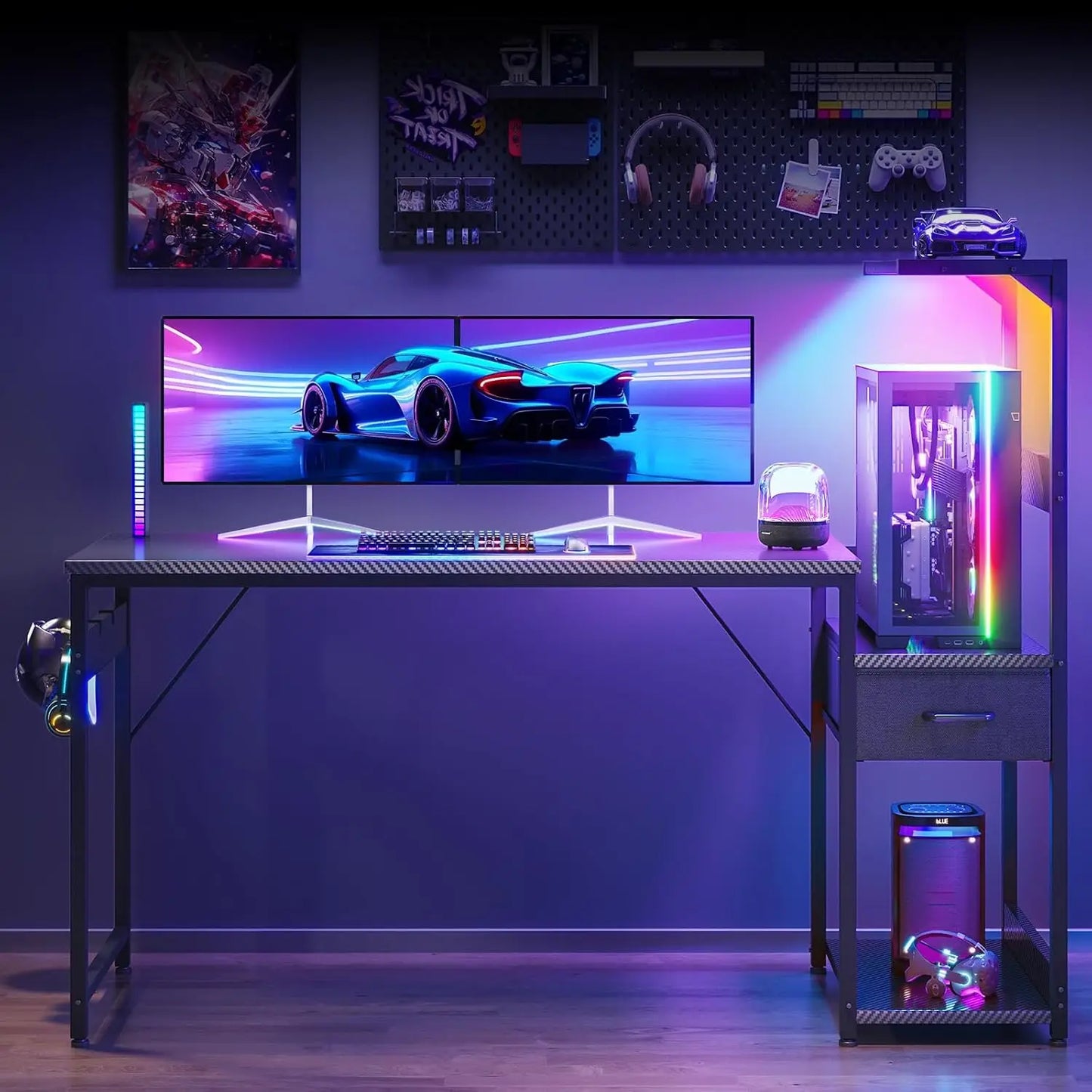 Coleshome Gaming Table with Led Lights,138×48Cm Gaming Desk with Drawers and Shelf