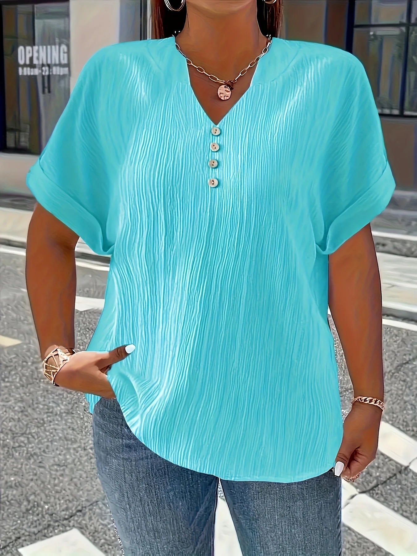 Dam Plus Size Krinklad Blus – Kortarm Knappdetalj Avslappnad Casual Året Runt, 10 Färger 1XL–5XL