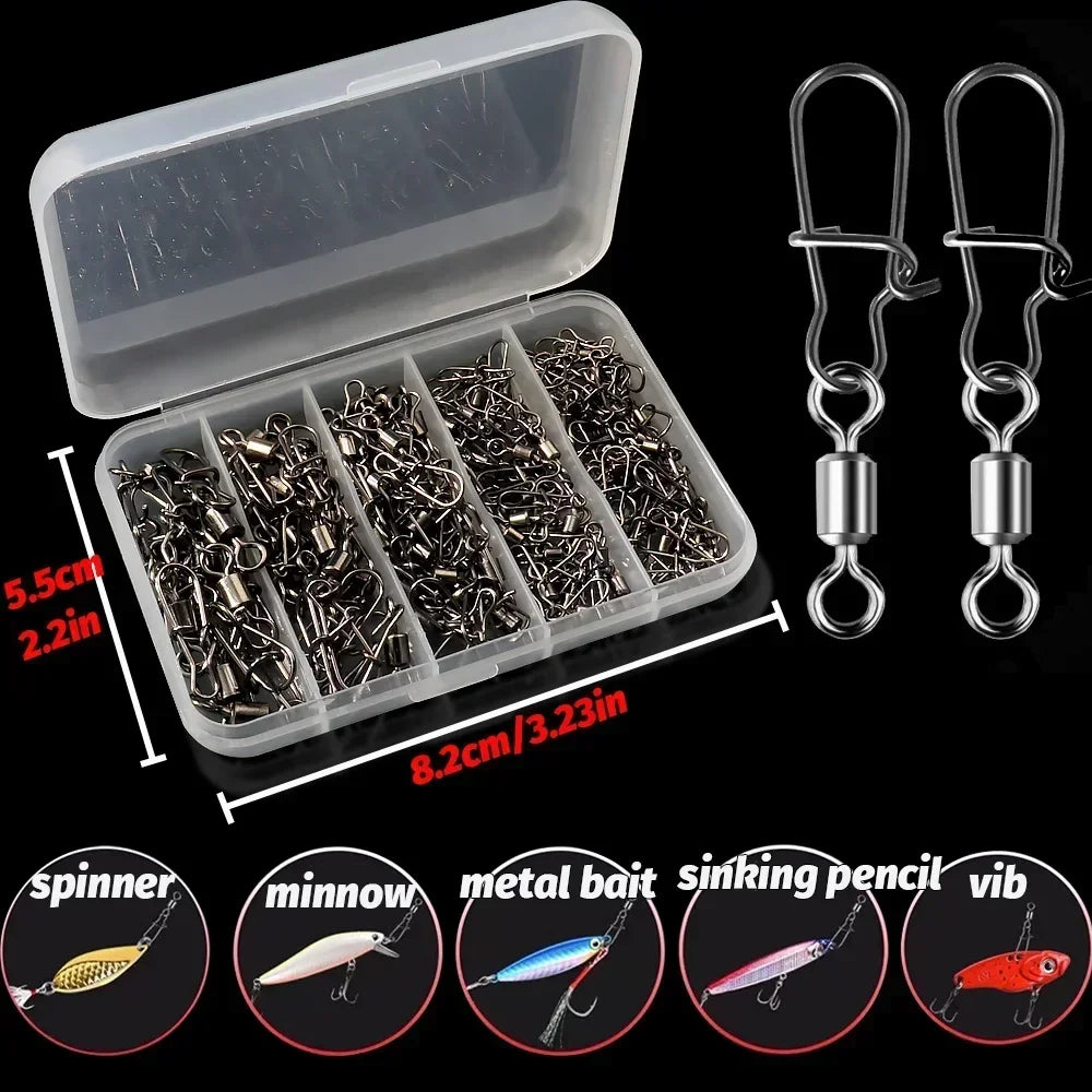 50pcs/box Swivel Snap Connector Pin Rolling Ring Fishing Tackle Box Buckle Hook Lure Kit Wire Rotate Bearing Pesca Tool Gear