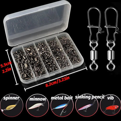 50pcs/box Swivel Snap Connector Pin Rolling Ring Fishing Tackle Box Buckle Hook Lure Kit Wire Rotate Bearing Pesca Tool Gear
