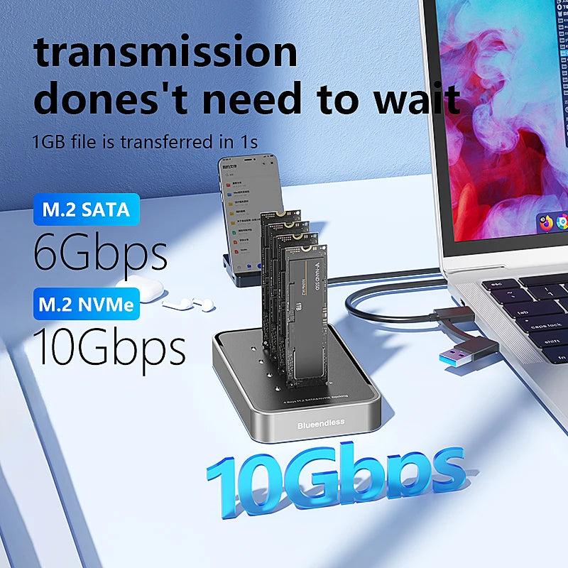 Blueendless 4 Bay M.2 NVMe/SATA SSD Docking Station Type C USB3.1 10Gbps M2 NVMe PCIe SATA NGFF Dual Protocol Aluminum SSD Case