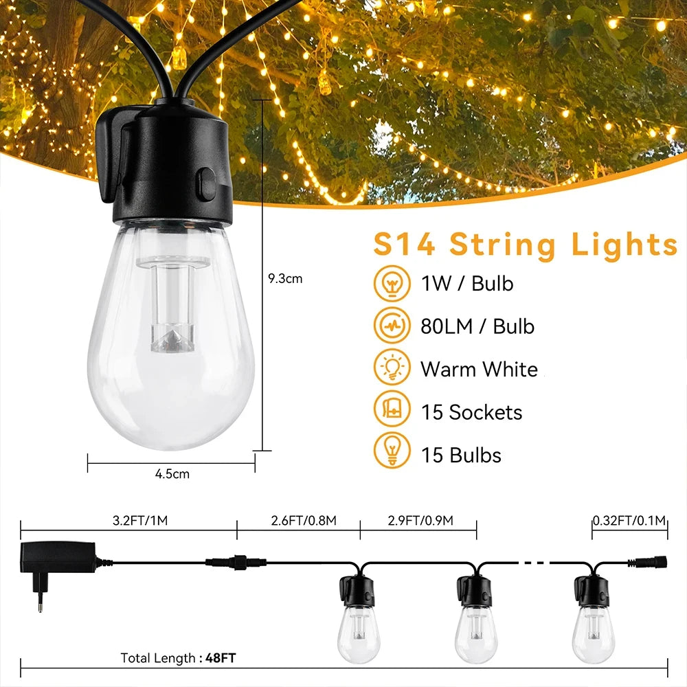 Arbrac ST38 LED-ljusslinga Utomhus IP44 – Varmvit 2200K Krossäker Fjärrkontroll Dimmer 15/18/20/30m Trädgård Bröllop Jul CE RoHS