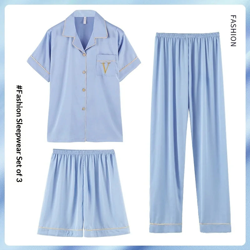 Fashion Summer Autumn 3 Piece Silk Men Pajamas Set Short Sleeve Shorts Oversize Homewear Lapel Collar Loungewear Pijamas for Man