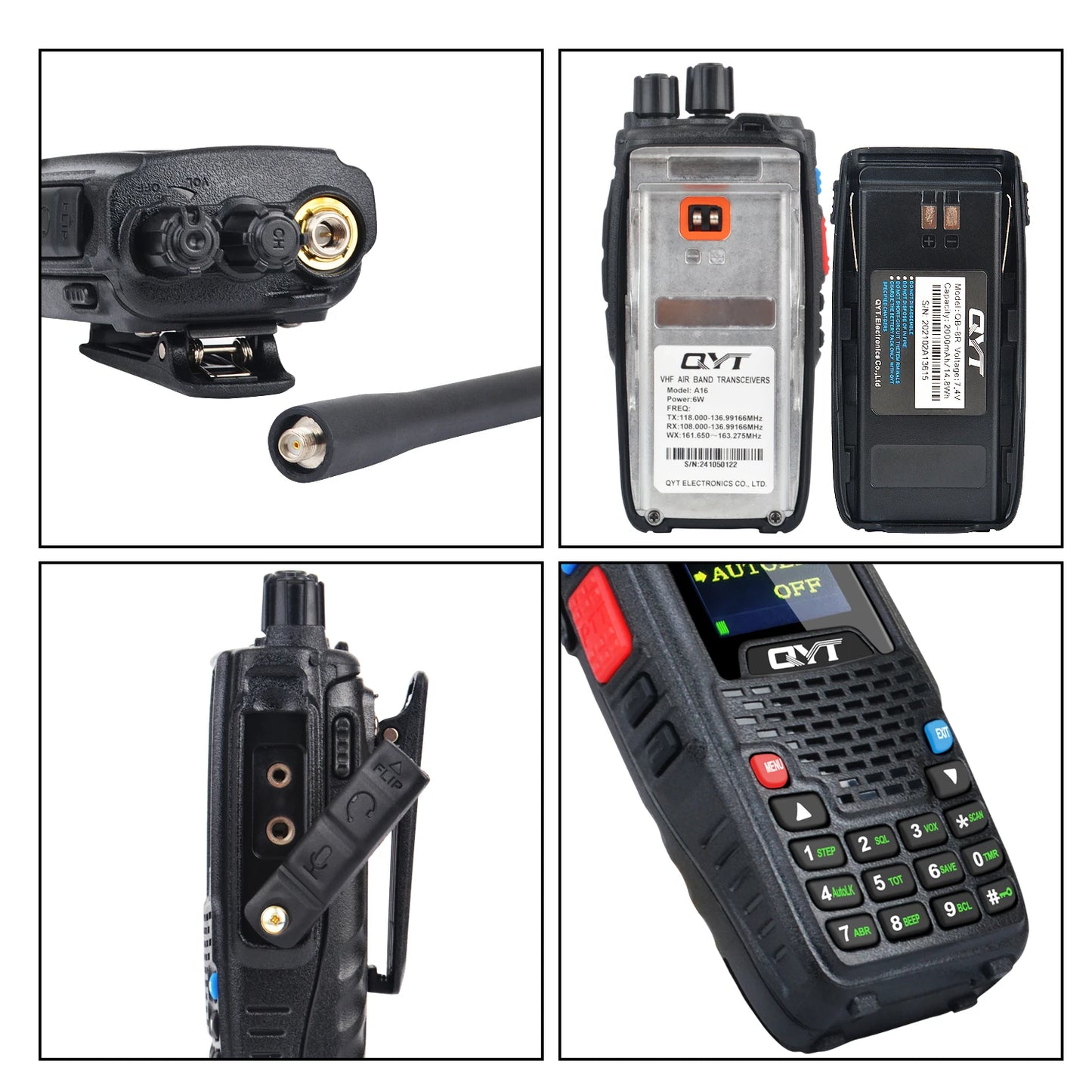 QYT KT-A16 Air Band Tx Handheld Walkie Talkie 118.000-136.999MHz TX Rx Aviation Portable Radio 6Watt 200Ch NoAA Weather Forecast