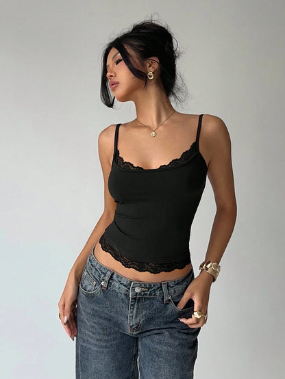 Women's Sexy Lace Trim U-Neck Basic Solid Color Slim Fit Cami Top Casual Spaghetti Straps Backless Crop Top Spring/Summer 2026