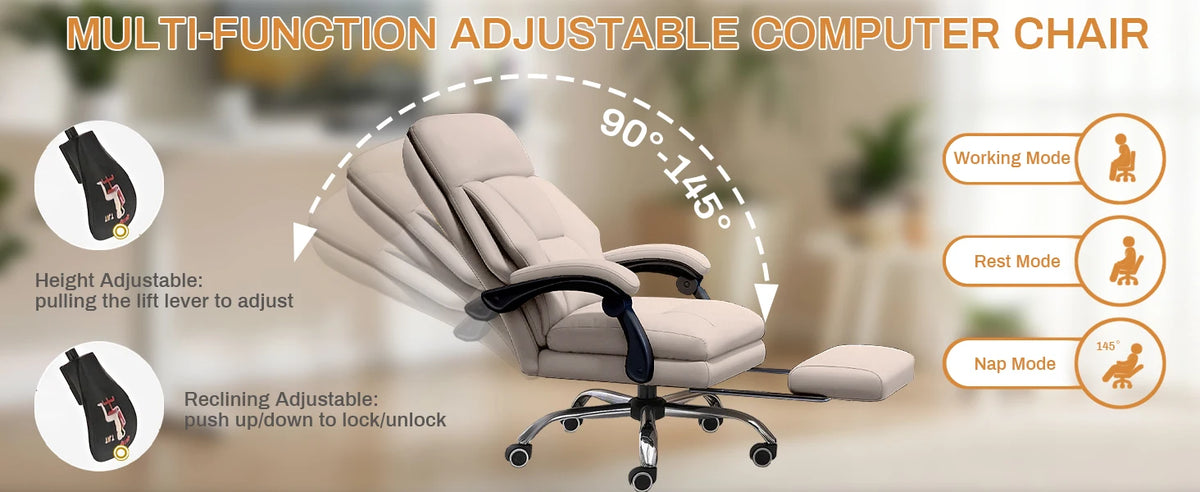 High-Back Ergonomic Office Chair, Swivel with Retractable Footrest, Multi-Position Adjustable Boss Chair