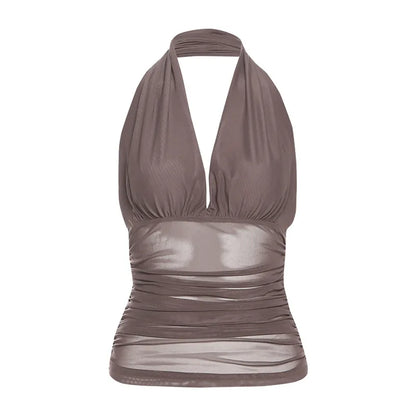 Dam Backless Halter Tank Top – Aesthetic Harajuku Grunge Bodycon Crop, Svart & Brun